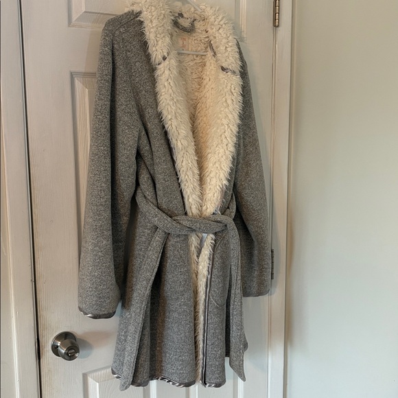 Jasmine & Ginger Gray Sherpa lined hooded belted robe pockets XL Comfy - Picture 3 of 5